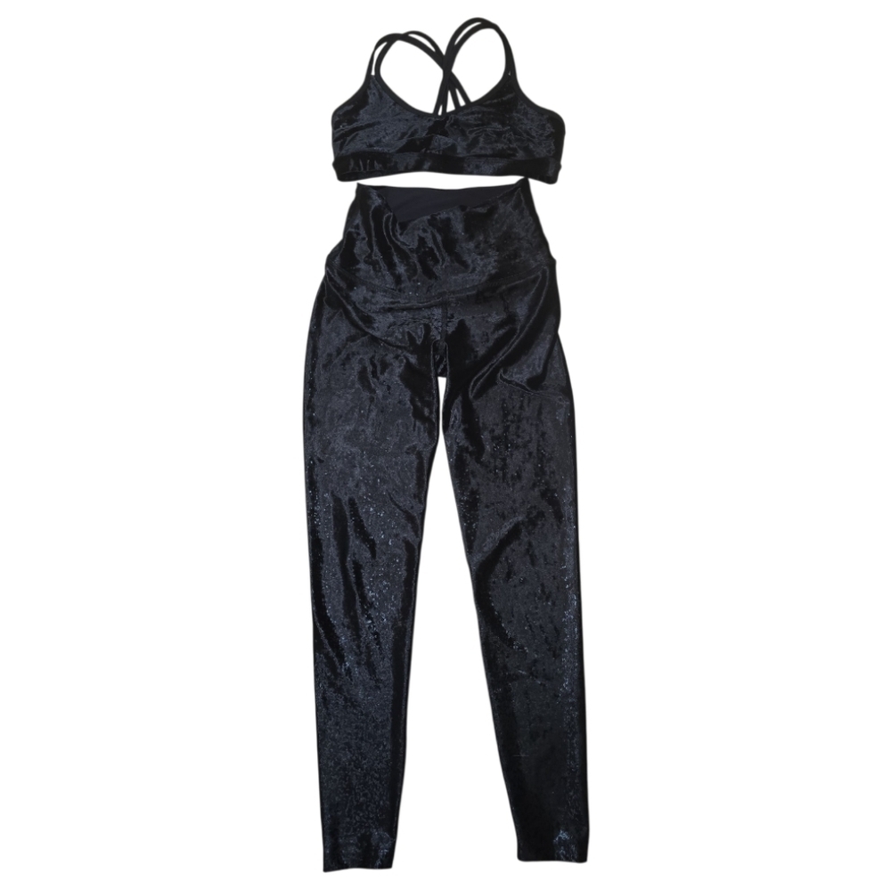 Beyond Yoga Crushed Velvet Velour High Waisted Black Leggings & Bra Set XS/SM
